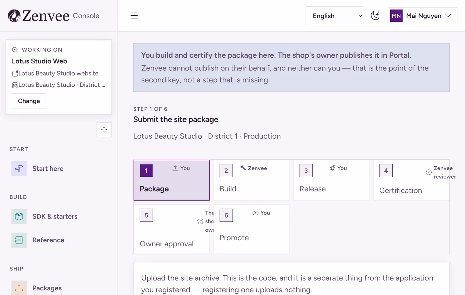 Zenvee Console: the six steps from package to promotion, with the owner's approval in Portal