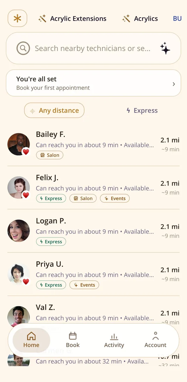 Zenvee Customer home: nearby verified technicians with distance and arrival time (iPhone)