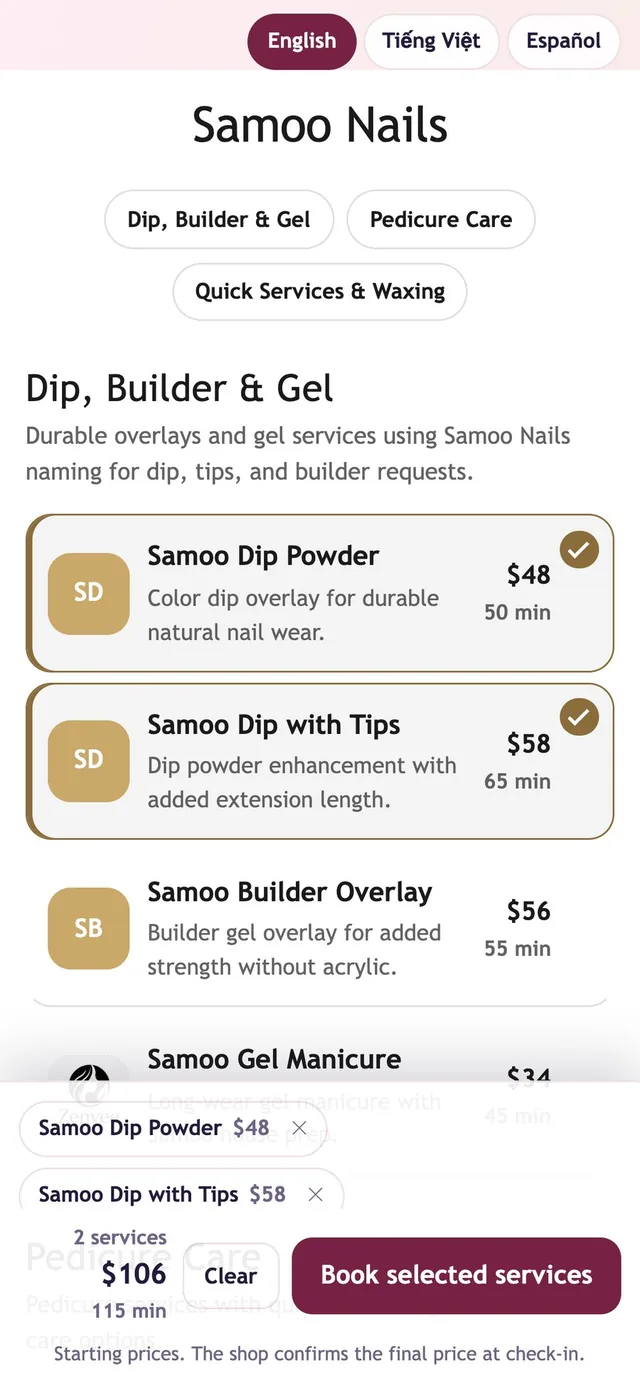 Choosing services from a salon's menu in Zenvee Customer, with prices and times (Android)