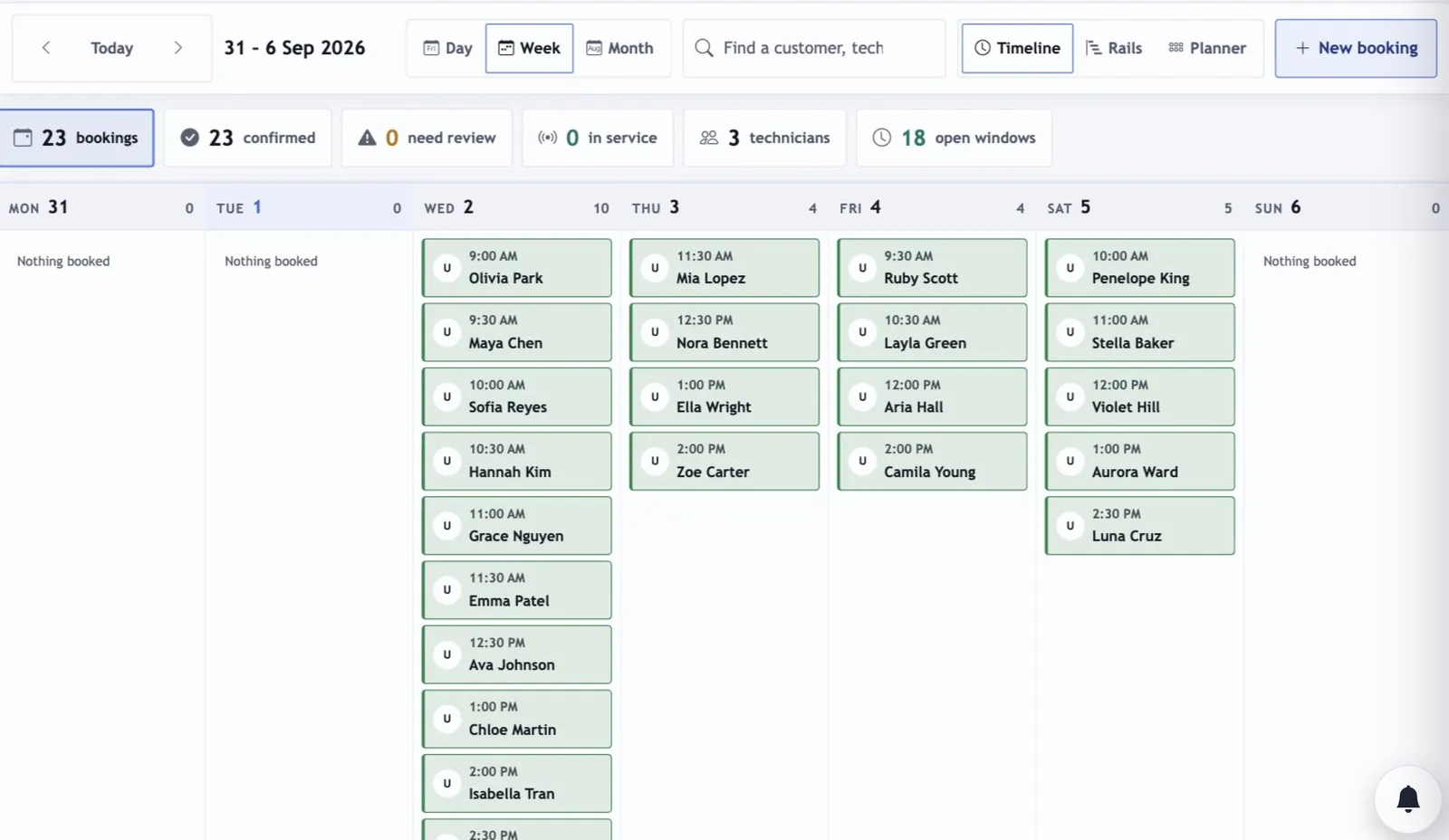 Portal bookings week view with confirmed appointments per day