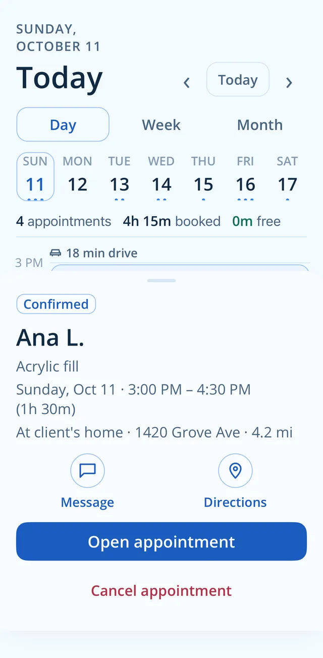 An appointment sheet in Zenvee Technician with message and directions (Android)