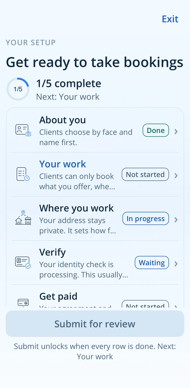 Zenvee Technician setup checklist for taking bookings (iPhone)