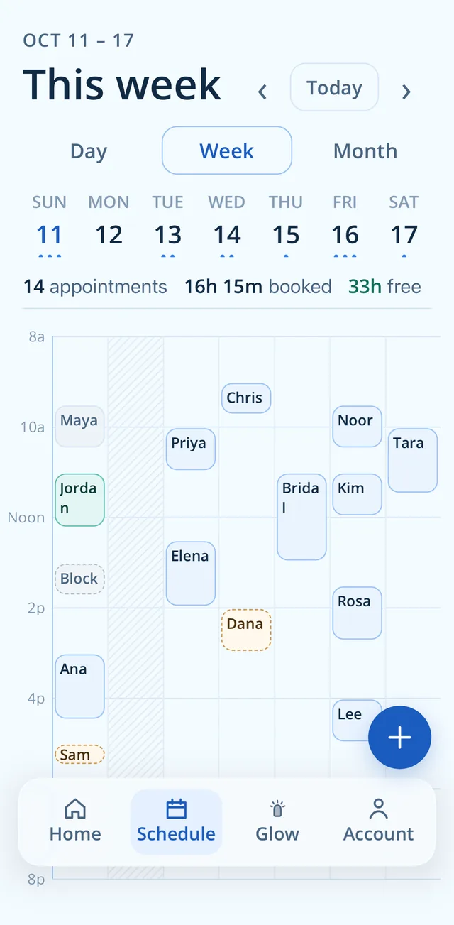 Zenvee Technician week view with appointments, booked and free time (iPhone)